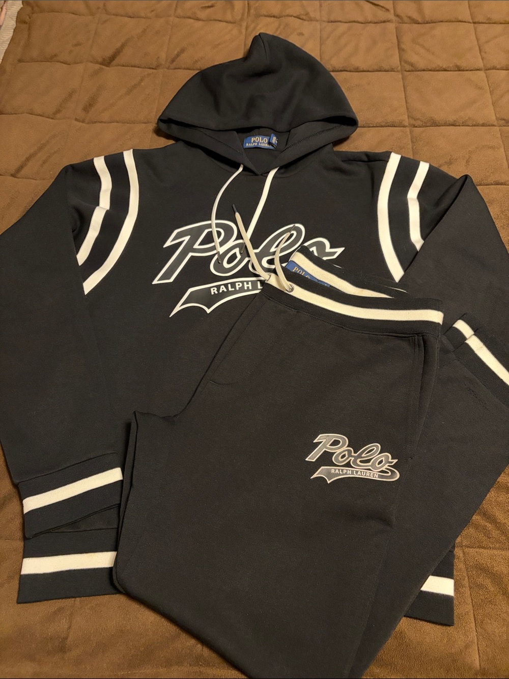 Polo by Ralph Lauren Black Hoodie & Jogger Set w White Stripe Accents Men Sz M